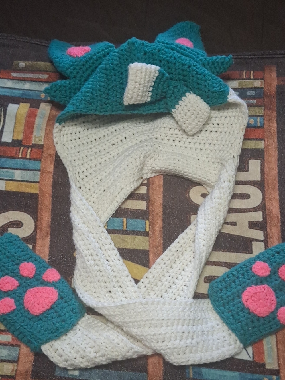 Handmade Crochet Animal Ear Hat with Paw Mitts  - Teal & White with Pink Accents